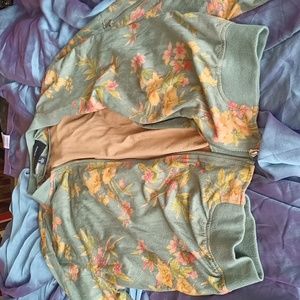 Juicy Tomato olive green and pink floral long sleeve with zipper and pocket.